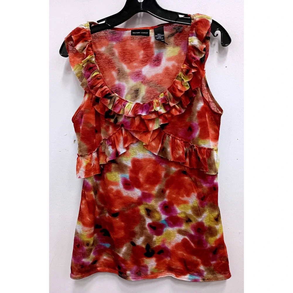 New York & Company VTG Y2K Babydoll Tank Top Womens‎ Large Orange Floral Ruffle